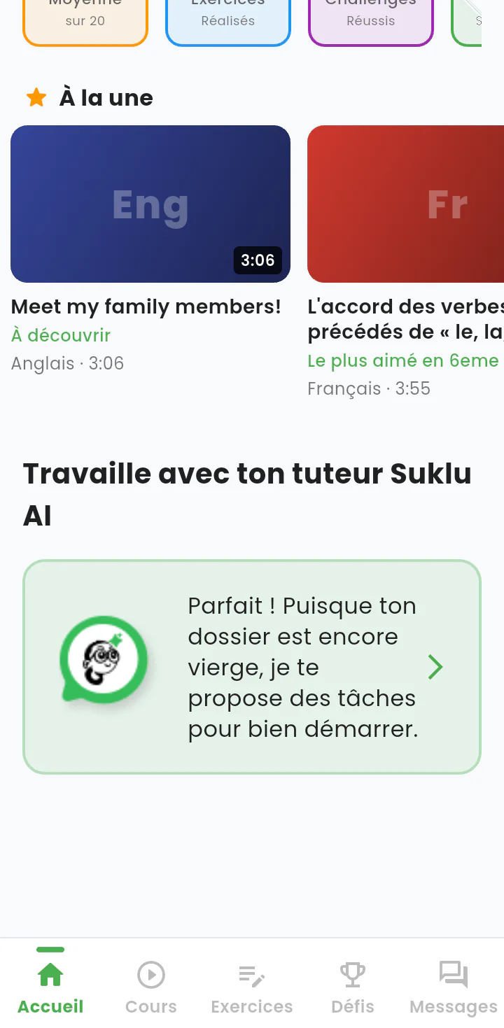 Encart du tuteur Suklu AI sur l'accueil de l'élève.