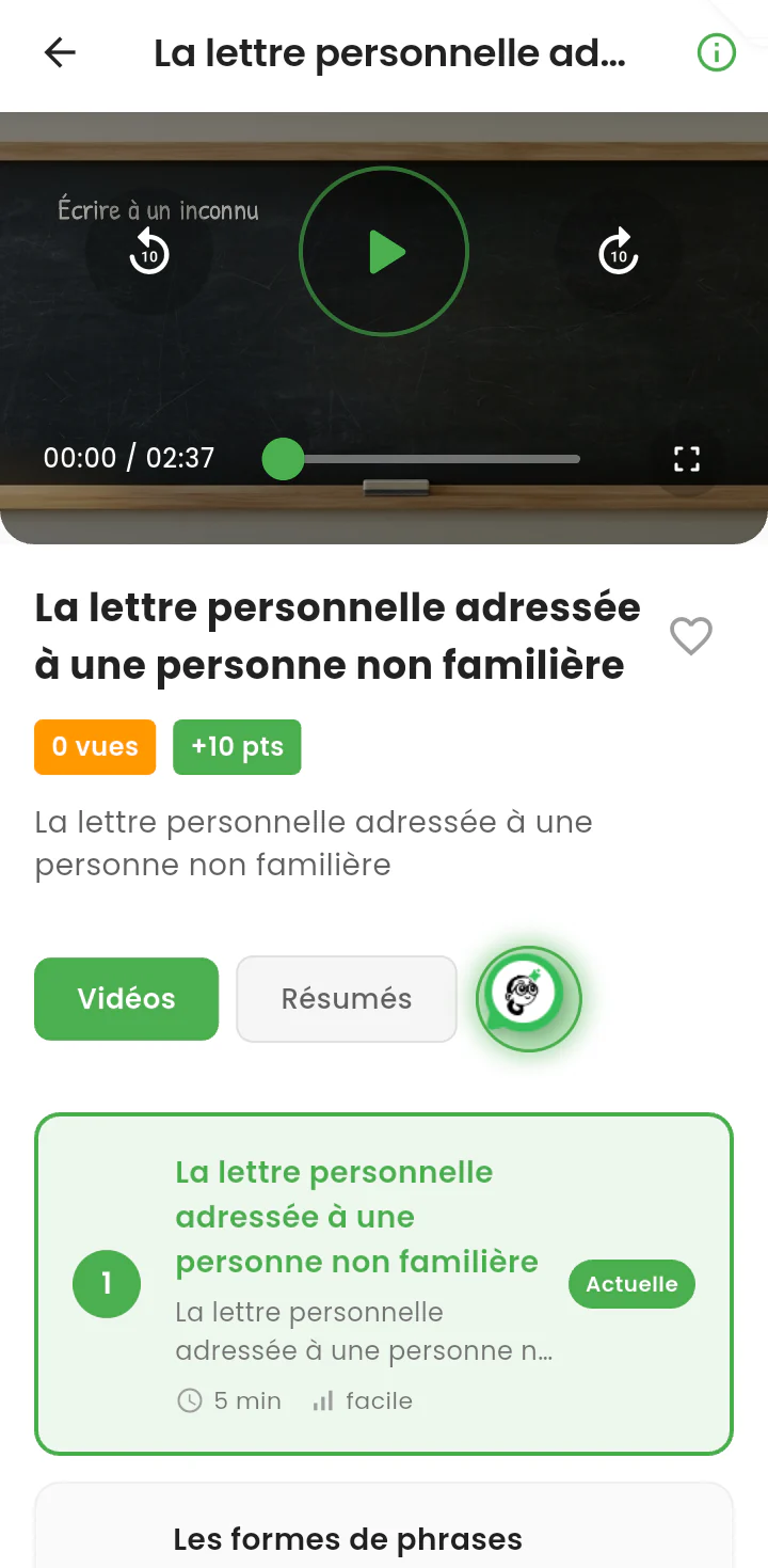 Écran d'une leçon vidéo avec la liste des leçons du chapitre.