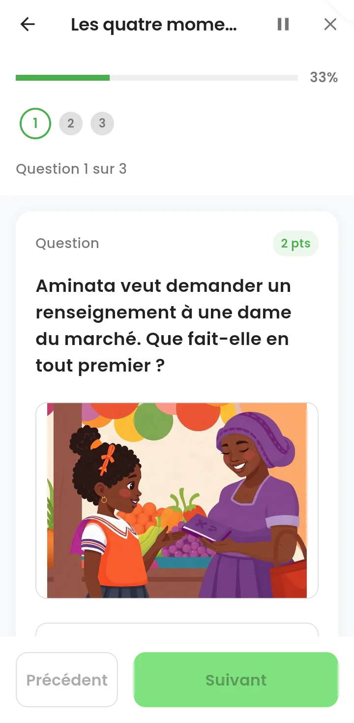 Question de quiz illustrée avec sa barre d'avancement.